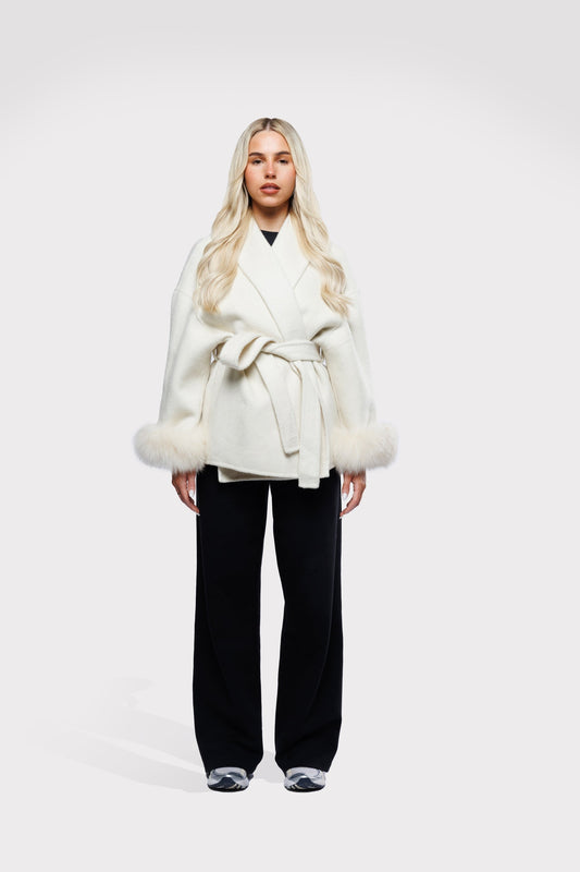 Belted Coat with Fur Sleeves